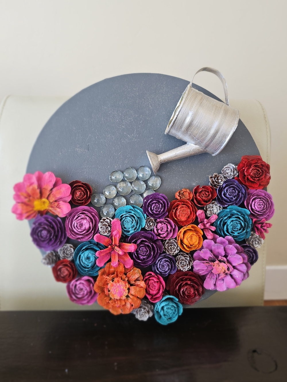 Handcrafted Multicolor Floral Wall Art with Silver Watering Can